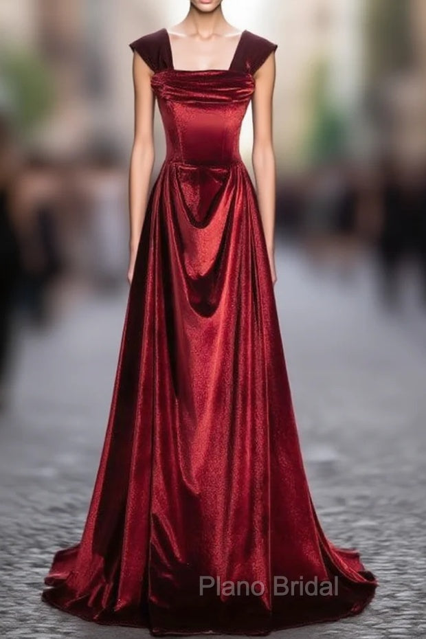 A-Line Burgundy Velvet Off the Shoulder Pleats Formal Prom Dresses