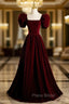 A-Line Burgundy Velvet Puff Sleeve Formal Prom Dresses