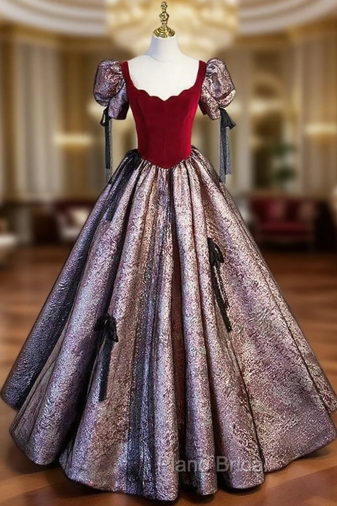 A-Line Burgundy Velvet Short Sleeve Bow Formal Prom Dresses Main image