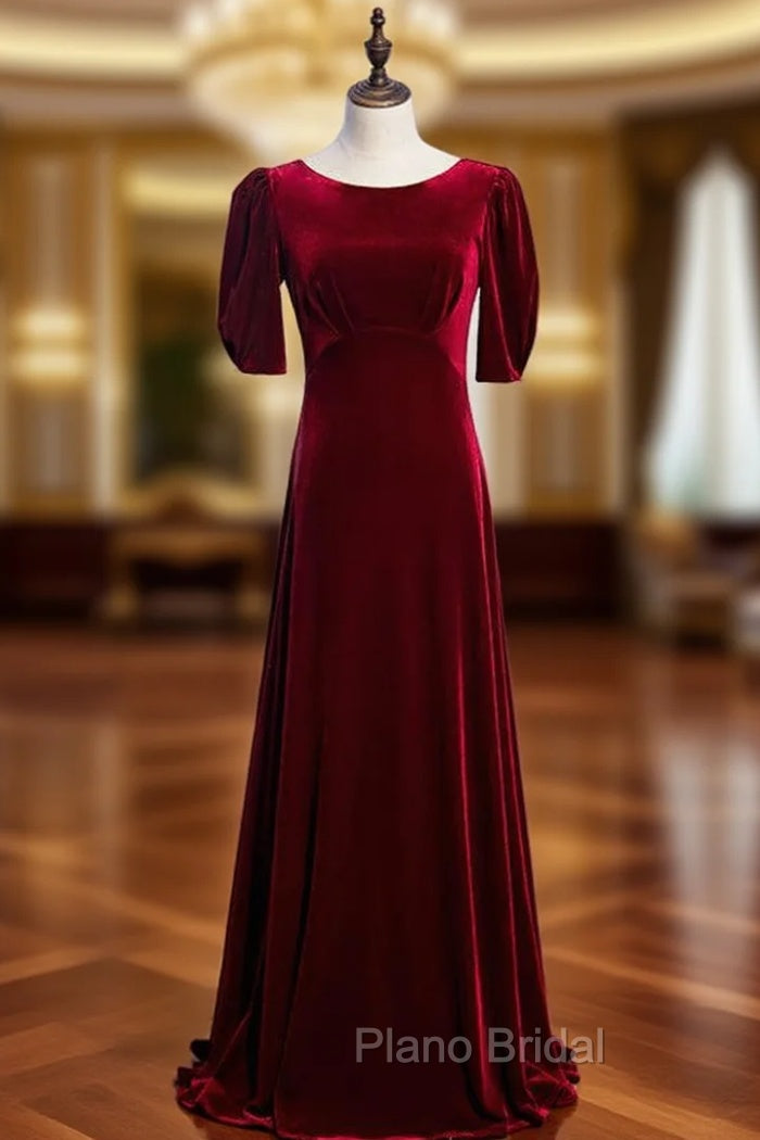 A-Line Burgundy Velvet Short Sleeve Pleats Formal Prom Dresses