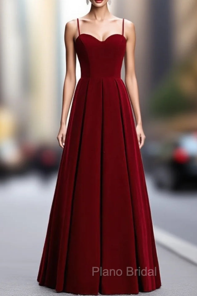 A-Line Burgundy Velvet Spagehtti Straps Pleats Formal Prom Dresses Main image