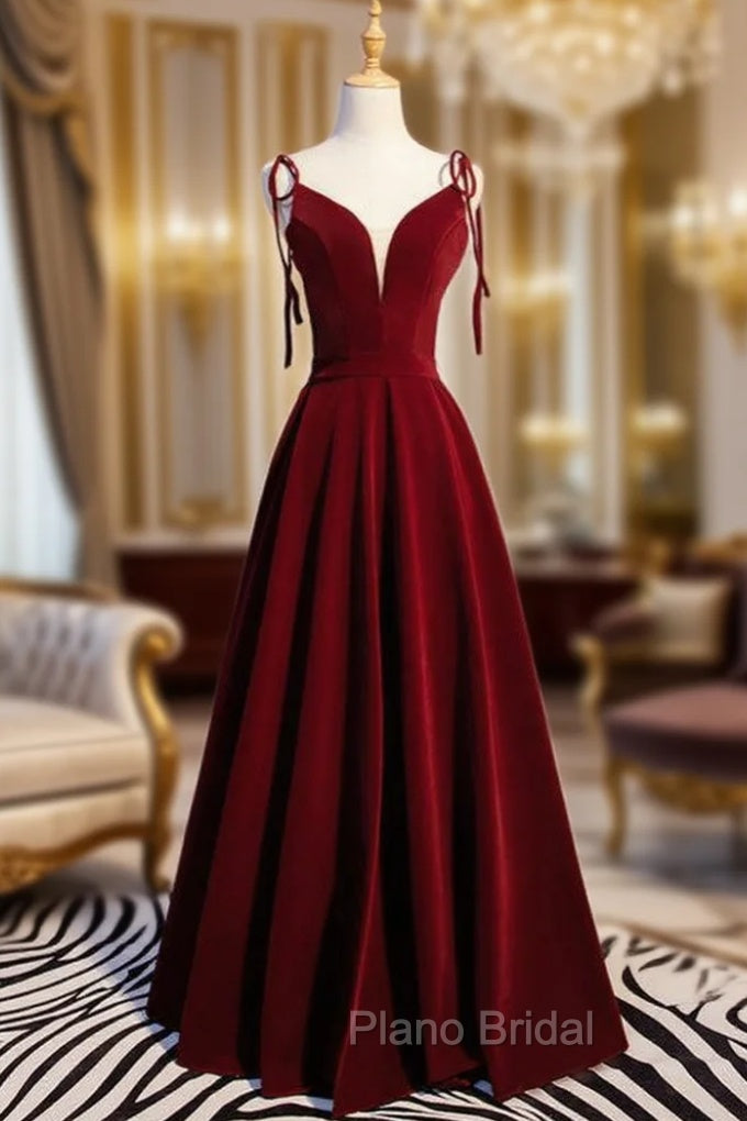 A-Line Burgundy Velvet Spaghetti Straps Formal Prom Dresses Main image