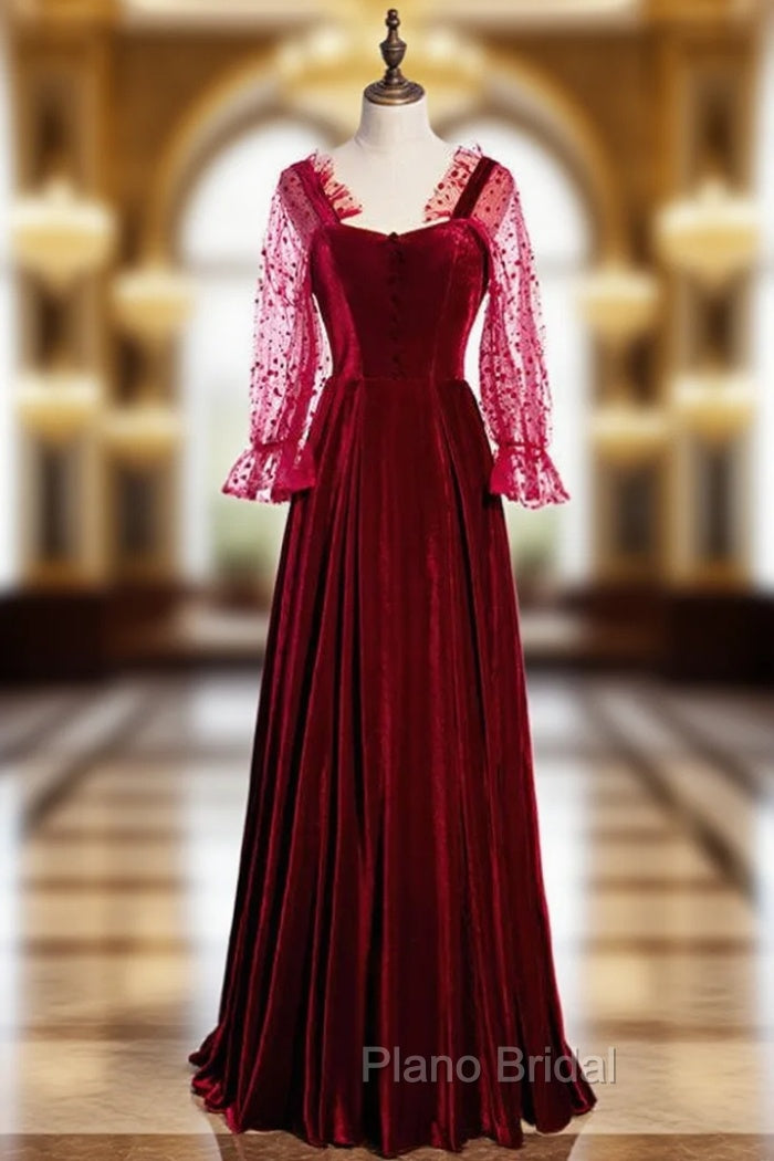 A-Line Burgundy Velvet Square Long Sleeve Wave Point Formal Prom Dresses Main image