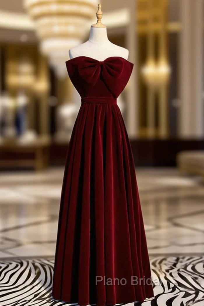 A-Line Burgundy Velvet Strapless Long Formal Prom Dresses With Bow