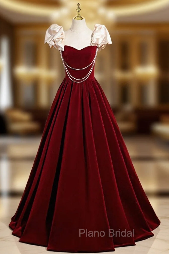A-Line Burgundy Velvet Straps Pearls Formal Prom Dresses