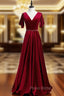 A-Line Burgundy Velvet V-neck Beading Sequins Formal Prom Dresses