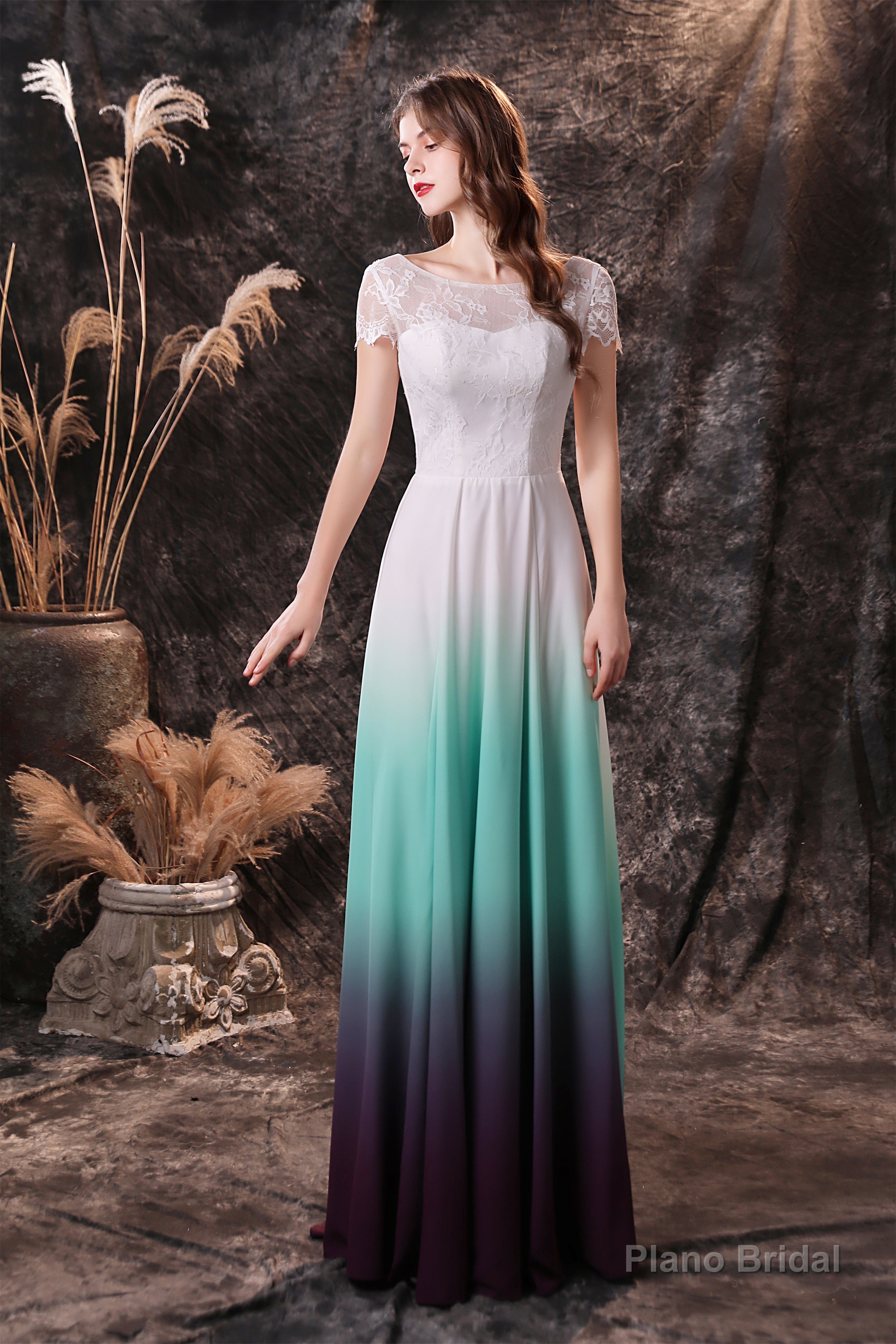 A Line Cap Sleeve Ombre Silk Floor Length Prom Dresses