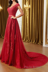 A Line Cap Sleeves Burgundy Lace Long Formal Prom Dress with Appliques, Burgundy Formal Dress, Burgundy Evening Dress