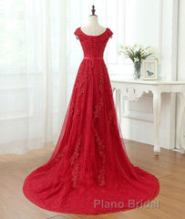 A Line Cap Sleeves Burgundy Lace Long Formal Prom Dress with Appliques, Burgundy Formal Dress, Burgundy Evening Dress