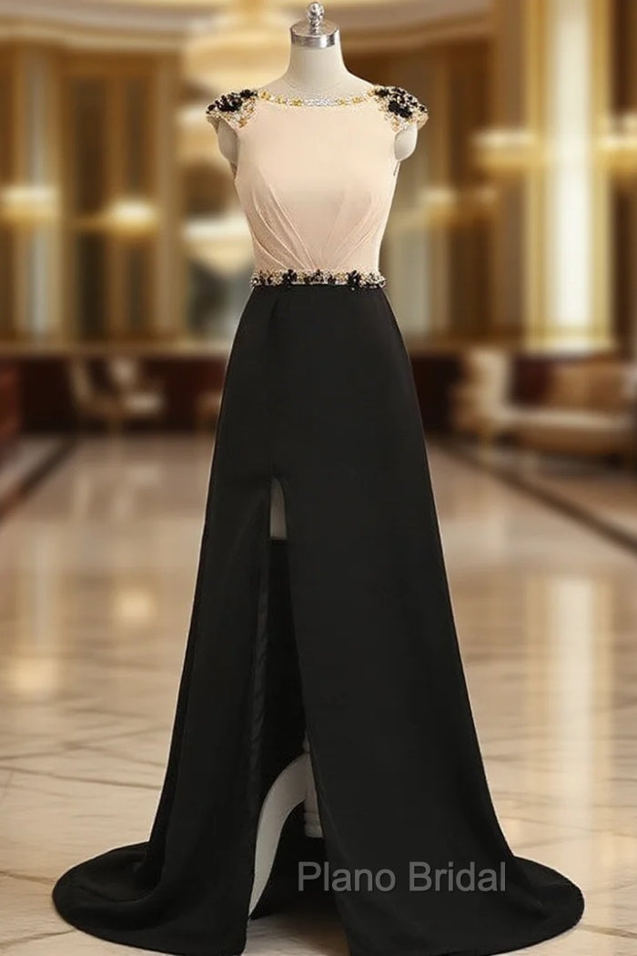 A-Line Champagne Black Cap Sleeve Backless Long Formal Prom Dresses Main image