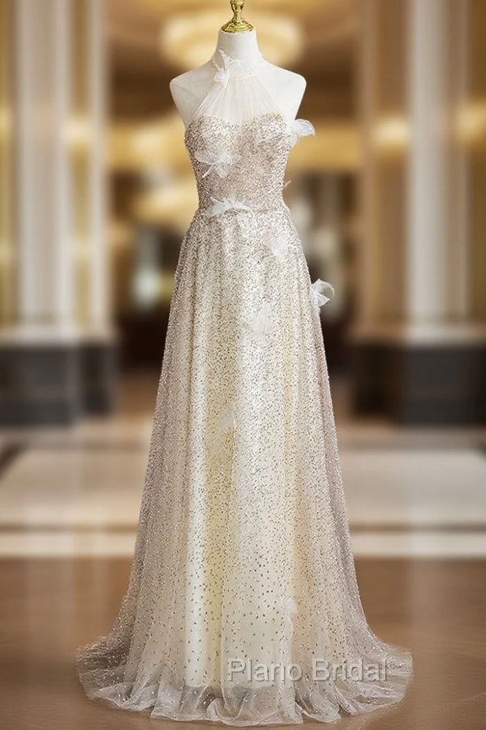 A-line Champagne Halter Sequins Formal Prom Dresses Main image