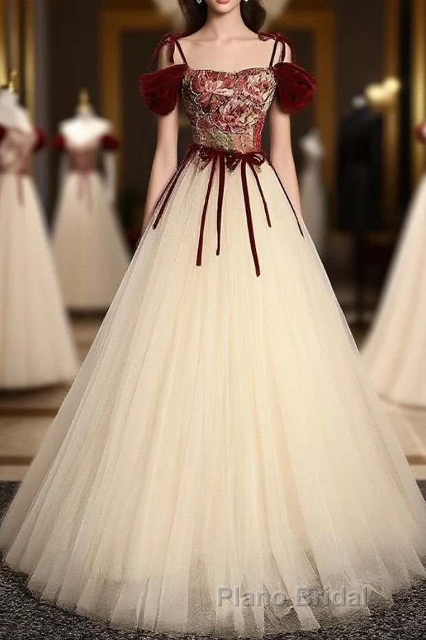 A line  champagne long Formal Prom dress, champagne tulle formal evening dress