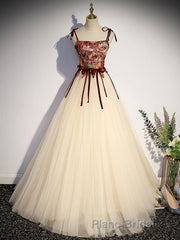 A line  champagne long Formal Prom dress, champagne tulle formal evening dress
