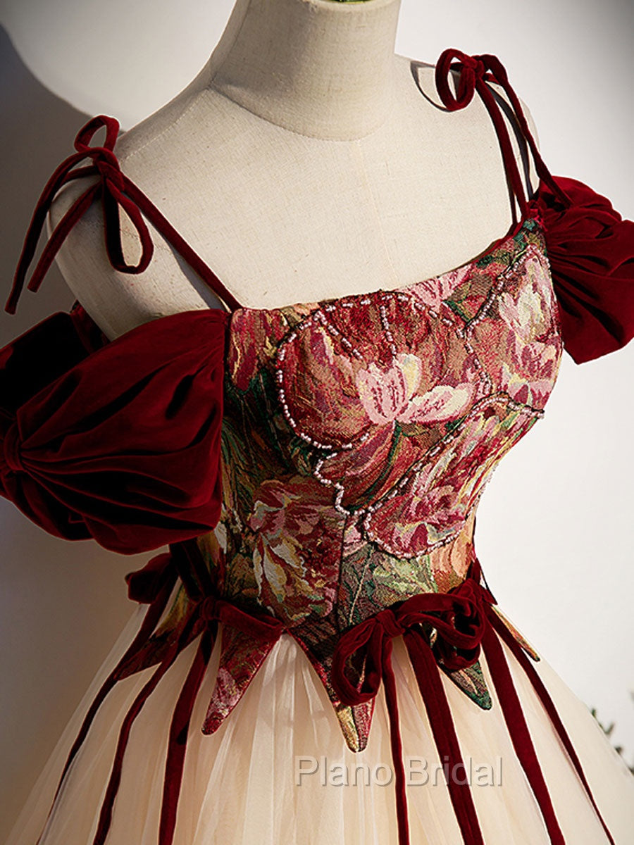 A line Champagne Long Formal Prom Dresses, Champagne Formal Gown With Beading Velvet