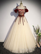 A line Champagne Long Formal Prom Dresses, Champagne Formal Gown With Beading Velvet