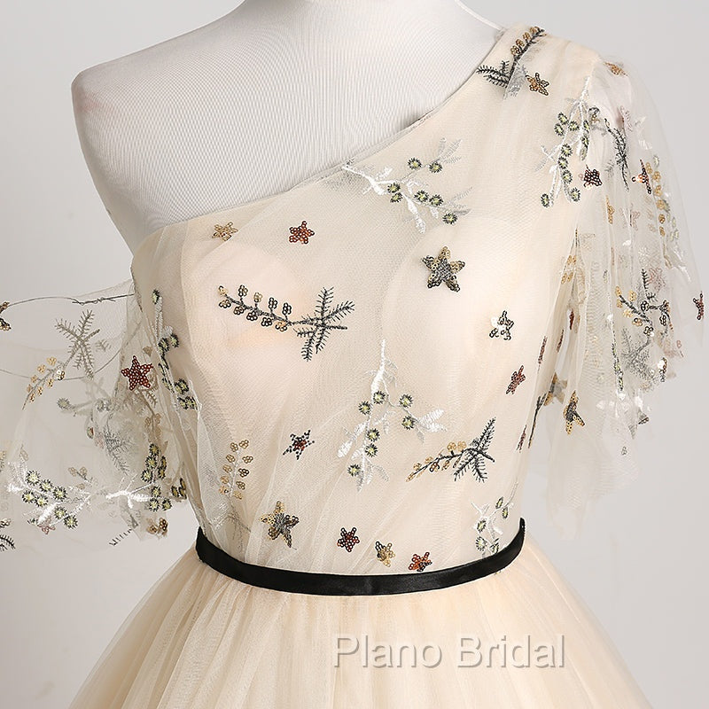 A-line Champagne One Shoulder Formal Prom Dresses, Long Party Dresses