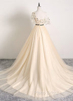 A-line Champagne One Shoulder Formal Prom Dresses, Long Party Dresses