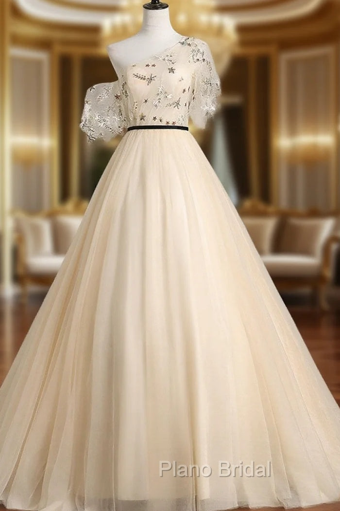 A-line Champagne One Shoulder Formal Prom Dresses, Long Party Dresses Main image