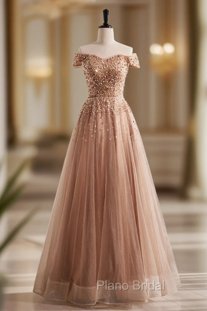 A-Line Champagne Tulle Beading Sequins Formal Prom Dresses