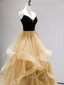 A-Line Champagne Tulle Long Formal Prom Dresses, Velvet Graduation Dresses with Beading