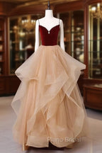 A-Line Champagne Tulle Long Formal Prom Dresses, Velvet Graduation Dresses with Beading