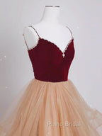 A-Line Champagne Tulle Long Formal Prom Dresses, Velvet Graduation Dresses with Beading