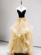 A-Line Champagne Tulle Long Formal Prom Dresses, Velvet Graduation Dresses with Beading