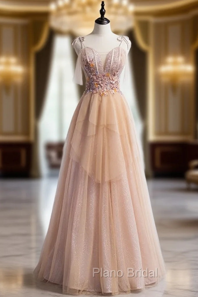 A-Line Champagne Tulle Spaghetti Straps Beading Formal Prom Dresses Main image
