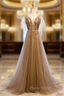 A-Line Champagne Tulle V-neck Backless Appliques Formal Prom Dresses