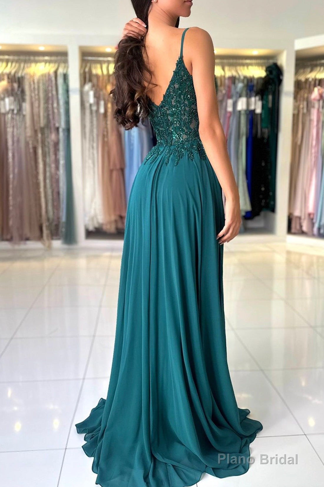 A-Line Chiffon Beaded Long Prom Dress, Dark Green Spaghetti Strap Evening Dress Secondary image