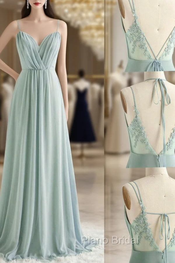 A-Line Chiffon Lace Long Formal Prom Dresses, Green Spaghetti Strap Backless Evening Dresses Main image