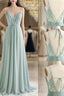 A-Line Chiffon Lace Long Formal Prom Dresses, Green Spaghetti Strap Backless Evening Dresses