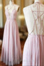 A-line Chiffon Pink Spaghetti Strap Deep V-neck Formal Prom Dresses