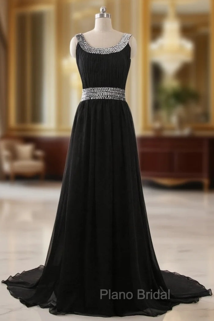 A Line Chiffon Scoop Neck Black Evening Dresses Pleat Sequined Waist Main image