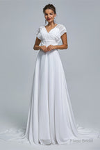 A-Line Chiffon V-Neck Applique Floor-Length Wedding Dresses
