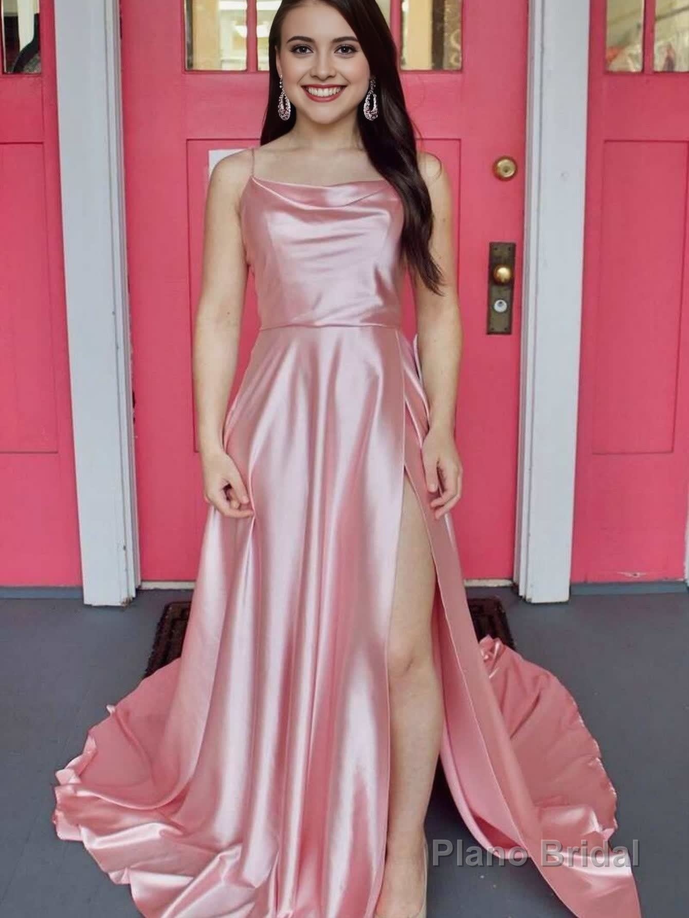 A Line Cowl Neck Satin Prom Dress With Slit