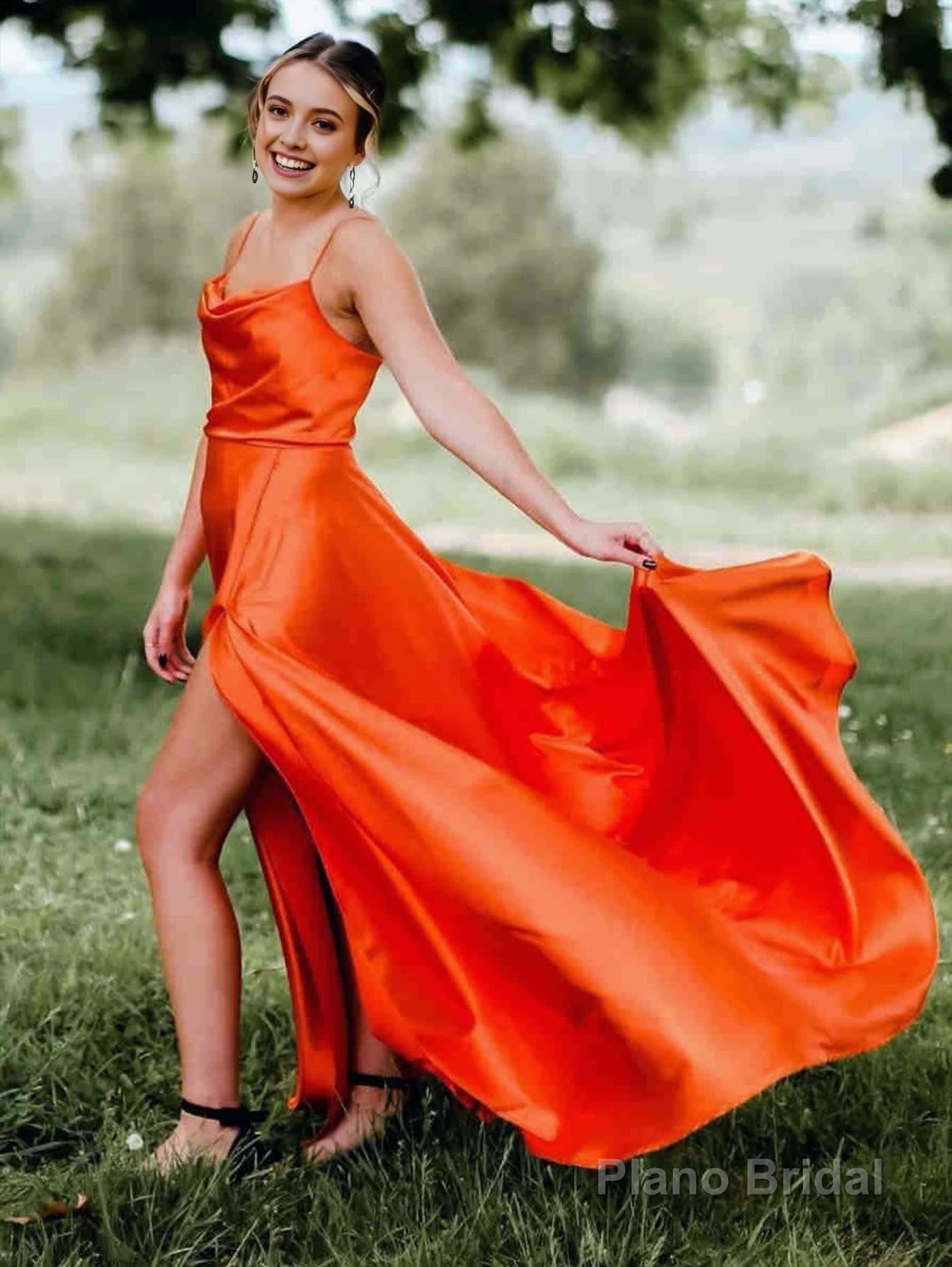 A Line Cowl Neck Satin Prom Dress With Slit Main image