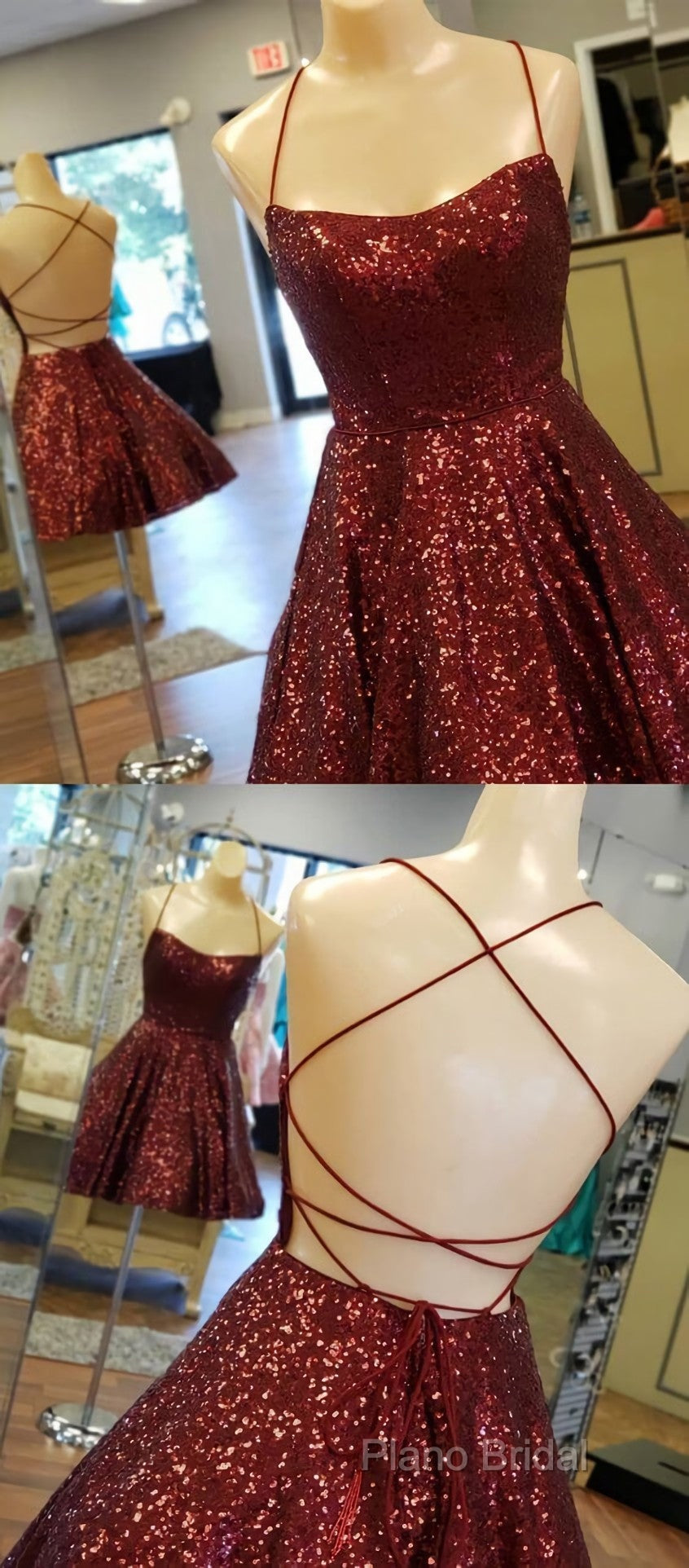 A Line Criss Cross Straps Back Burgundy Sequins Homecoming Dresses Secondary image