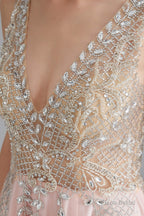 A Line Crystal Pink Split V Neck Backless Beaded Prom Dresses