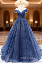 A-Line Dark Blue Tulle Long Formal Prom Dresses, Blue Formal Evening Dresses