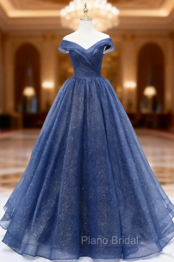 A-Line Dark Blue Tulle Long Formal Prom Dresses, Blue Formal Evening Dresses