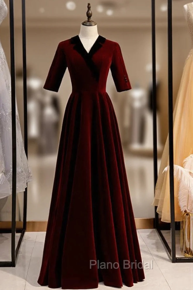 A-Line Dark Burgundy Short Sleeve V-neck Formal Prom Dresses Main image