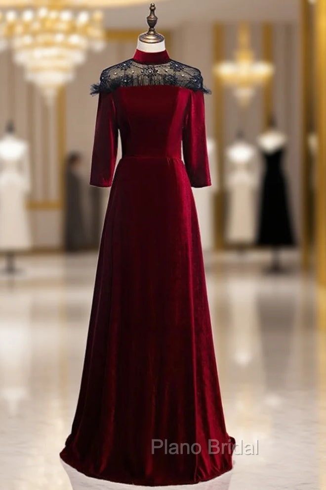 A-Line Dark Burgundy Velvet High Neck Short Sleeve Formal Prom Dresses Main image