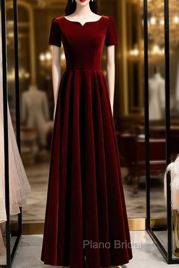 A-Line Dark Burgundy Velvet Short Sleeve Formal Prom Dresses