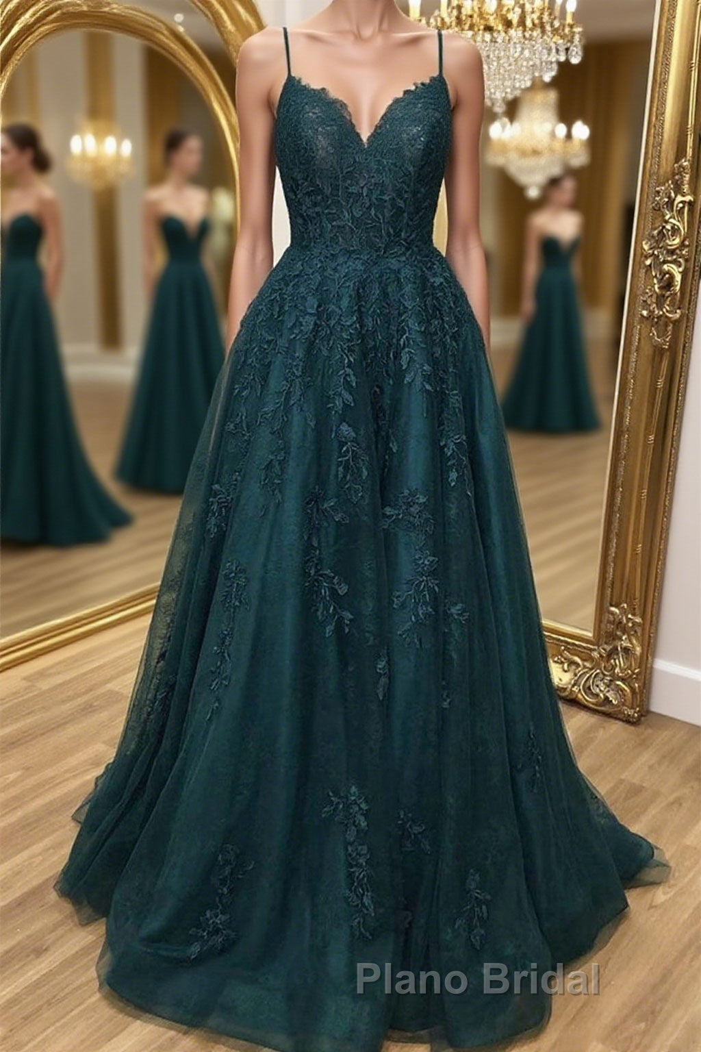 A Line Dark Green Tulle Lace Long Formal Prom Dress, Dark Green Lace Formal Graduation Evening Dress