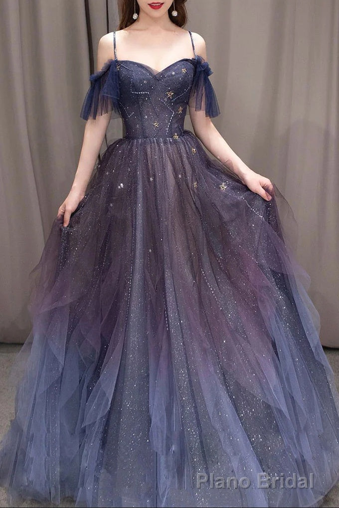 A-line Dark Purple Tulle Long Prom Dress, Purple Formal Party Dresses Main image