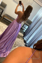 A Line Deep V Neck Purple Long Prom Dress with Beading