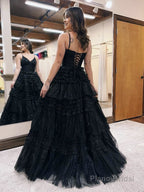 A-Line Deep V Neck Tiered Long Glitter Tulle Prom Dress