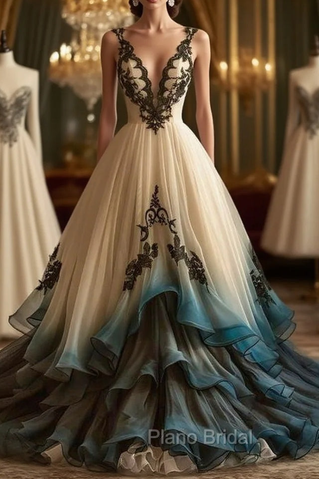 A-Line Deep V Neck Tulle Long Formal Prom Dresses Embroidered Applique Evening Dresses Main image