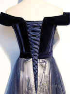 A-Line Elegant Floral Formal Prom Formal Evening Dresses Off Shoulder Short Sleeve Sweep / Brush Train Tulle With Pleats Pattern / Print